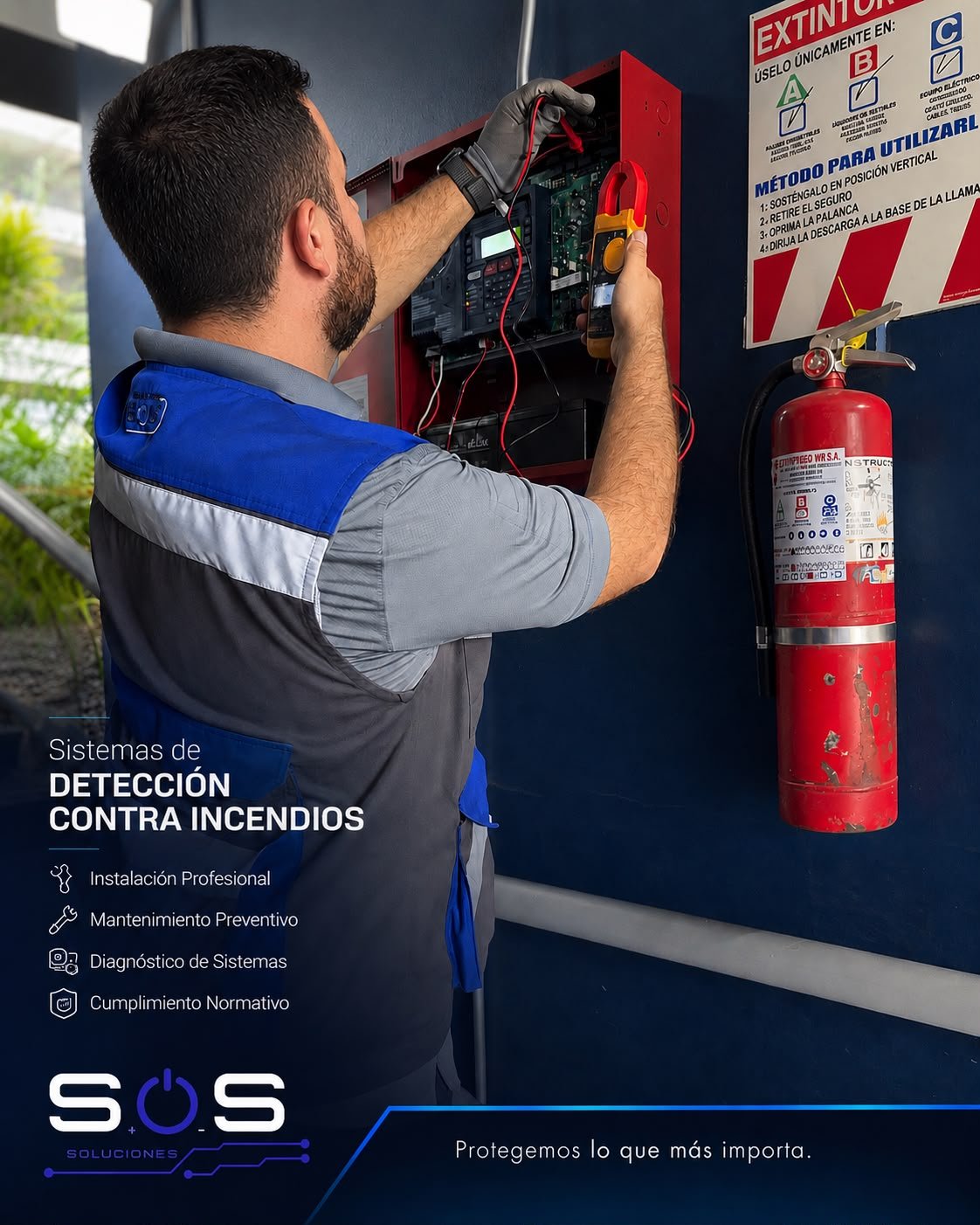 Técnico de SOS revisando un panel de detección de incendios